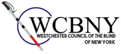 The WCBNY logo features a slanted mobility cane with a red lower section cutting through a stylized blue circle that surrounds the start of a text block showing the large WCBNY initials over the smaller words, Westchester Council of the Blind of New York.